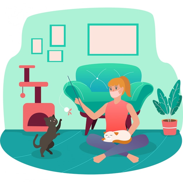 Vector a woman playing with her cat while using medical mask