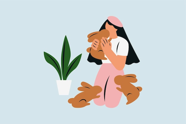 Woman playing with rabbits vector illustration