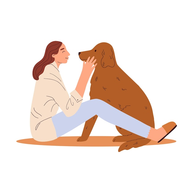 A woman plays with a pet animal care a woman and her dog hand drawn vector illustration in flat styl