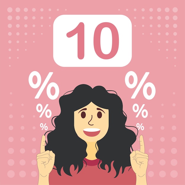 Woman pointing 10 discount. Girl smiles points with a finger at a ten percent discount. Sale Offer