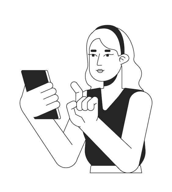 Woman pointing finger on smartphone flat line black white vector character Editable outline half body person Working on smartphone simple cartoon isolated spot illustration for web graphic design