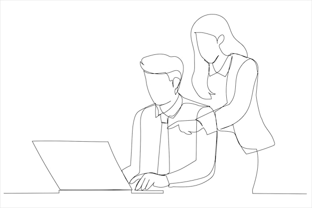 Woman pointing at laptop and discussing something Single line art style