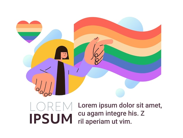 woman pointing at lgbt rainbow flag gay lesbian love parade pride festival transgender love concept copy space vector illustration