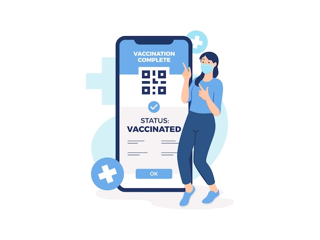 Vettore donna che indica sull'illustrazione del concetto di vaccinazione della prova del codice qr dell'app per smartphone del certificato di vaccino