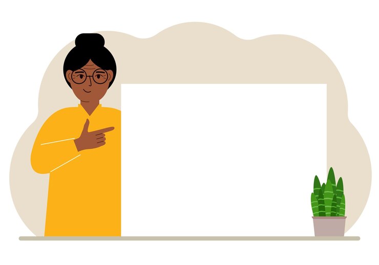 Vector a woman points his finger at a clean large banner a blank poster or a large white sheet of paper with space for text