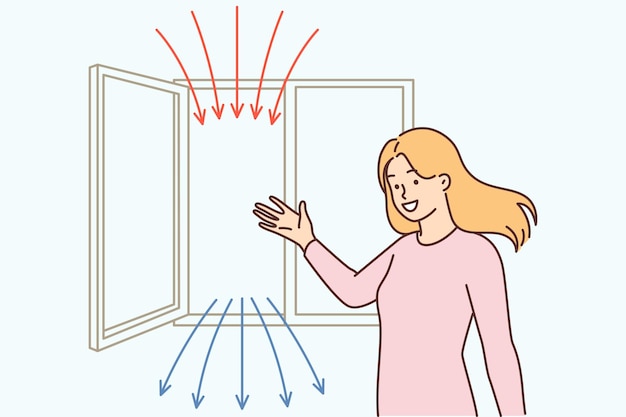 Woman points to open window recommending regular airing of apartment for air recirculation