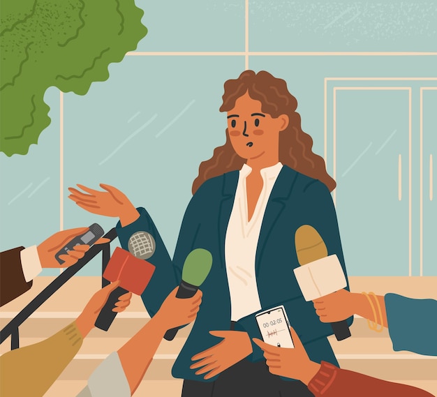 Женщина-политик на пресс-конференции, выступающая перед журналистами официальная встреча и интервью с репортерами руки, держащие микрофоны перед женщиной-говорительницей
