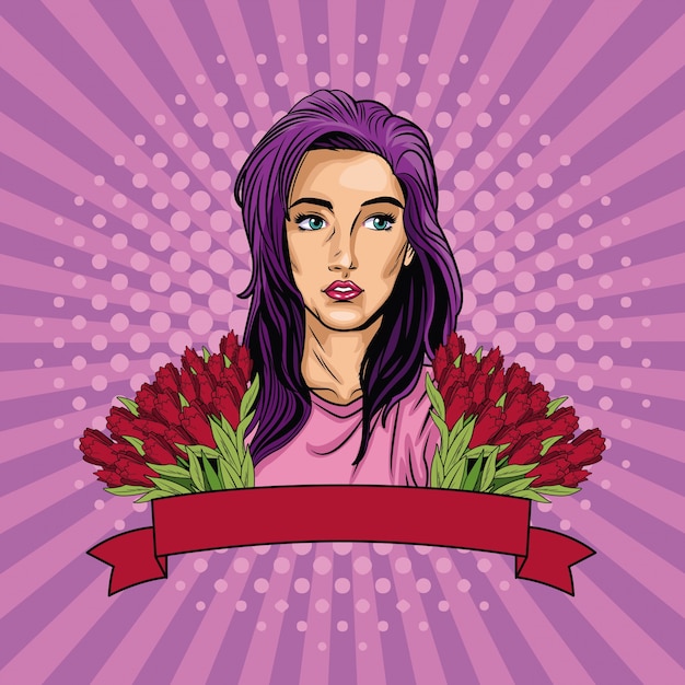 Pop art donna con nastro banner e fiori