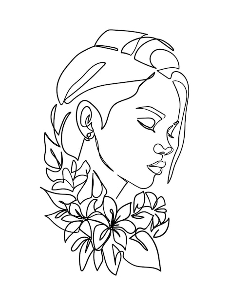 Vector woman portrait face with flowers simple minimalist vector illustration one line drawing