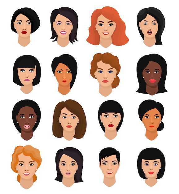 Vector woman portrait vector female character face of girl with hairstyle and cartoon person with various skin tone illustration set of beautiful facial features isolated on white space