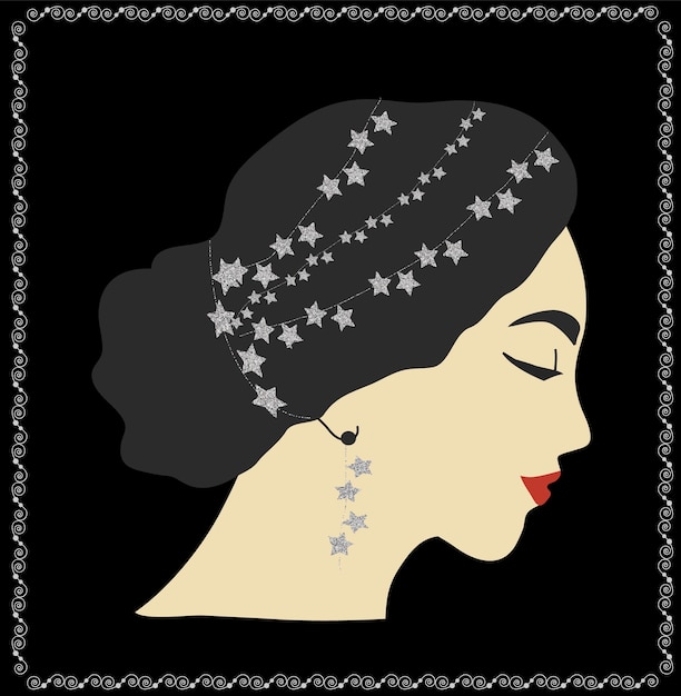 Vector woman portrait with silver stars in hair