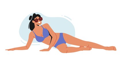 Donna in posa in costume da bagno giovane personaggio femminile caucasico sexy bruna ragazza indossare bikini blu sdraiato sulla spiaggia isolato su sfondo bianco collezione summer swim cartoon persone illustrazione vettoriale
