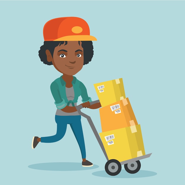 Woman-postman pushing the trolley with parcels.