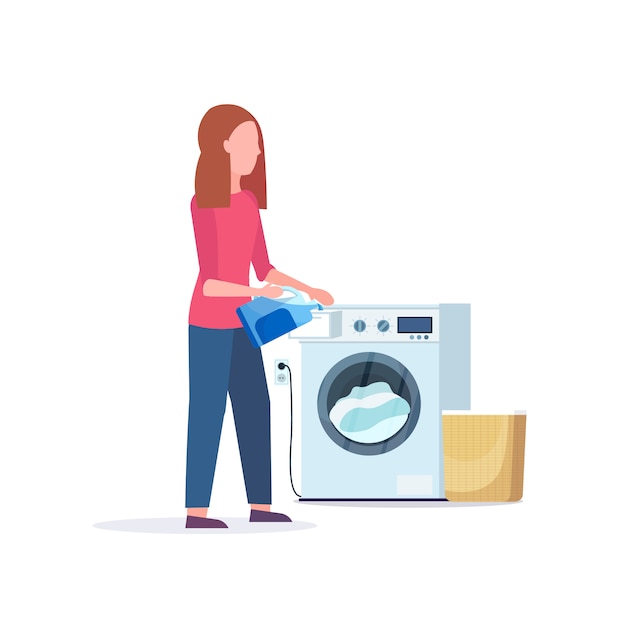 woman pouring powder gel into washing machine housewife doing housework laundry room cartoon character full length flat white background