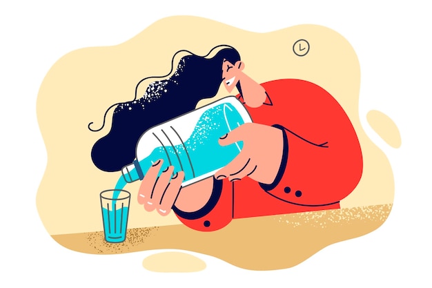 Vector woman pours water into glass recommending to drink plenty of fluids to support health