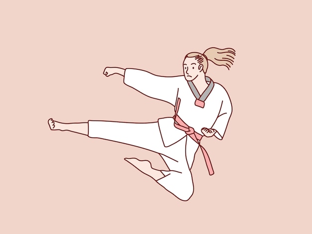 Woman practice karate red belt do jump kick training simple korean style illustration