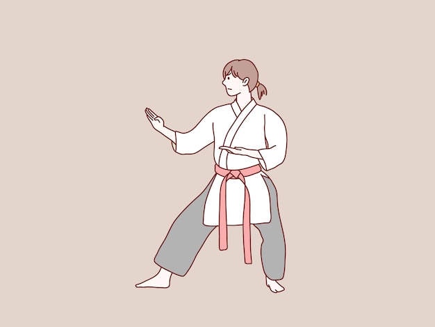 Женщина практикует каратэ с красным поясом, готовая к тренировкам в простом корейском стиле иллюстрации