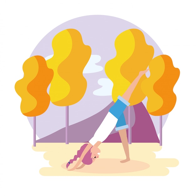 Woman practice position with trees and mountains