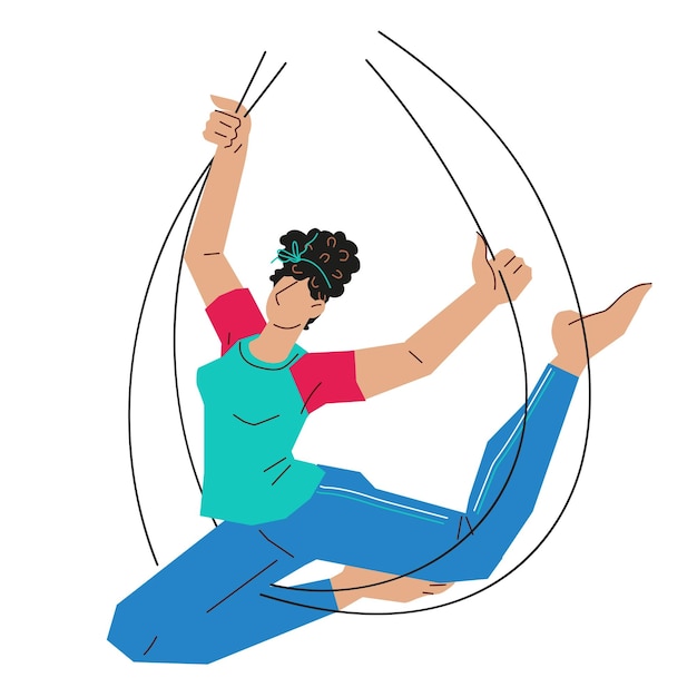 Woman practices fly yoga or yoga on canvas flat vector illustration isolated