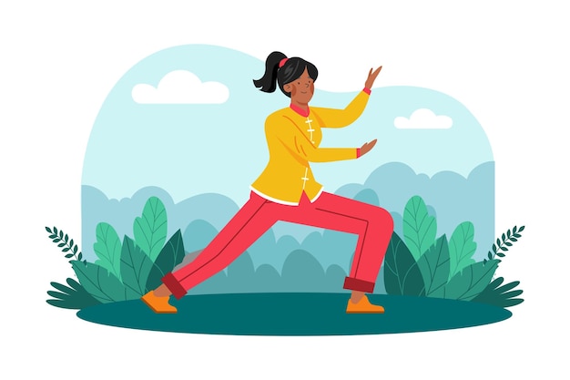 Vector a woman practices tai chi in a serene garden for health and relaxation