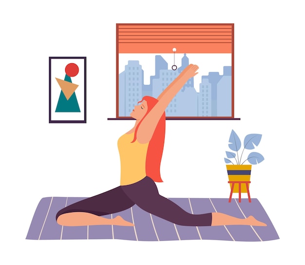 Vector woman practicing yoga exercise at home sport and fitness