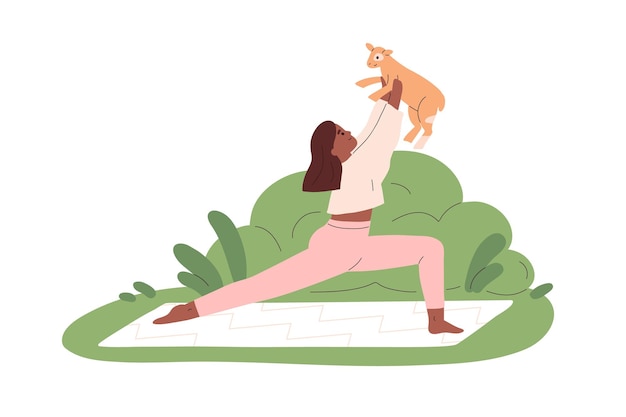 Woman practicing yoga exercises with cute goat on mat outdoors. Body stretching workout of person and cute animal in nature. Modern fitness. Flat vector illustration isolated on white background.