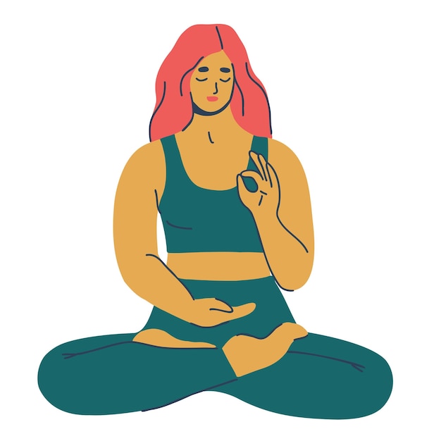 Woman practicing yoga Female character in lotus pose Hand drawn flat vector illustration