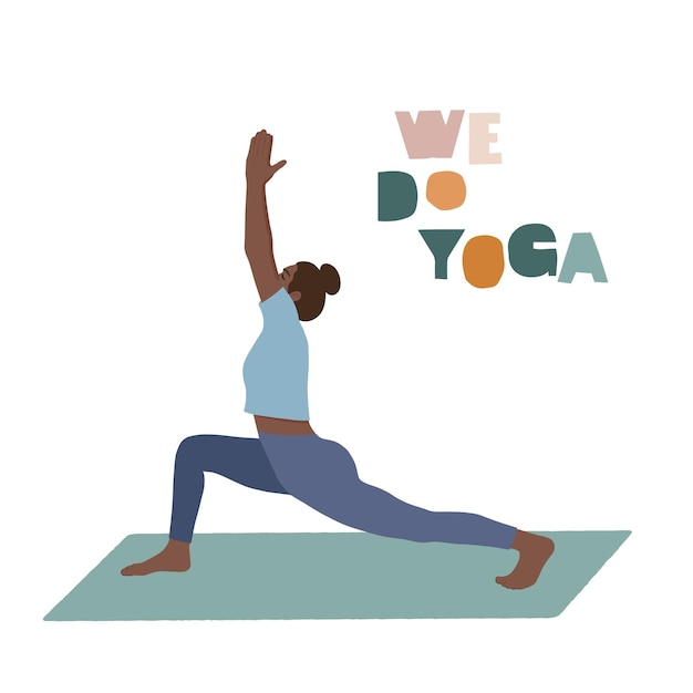 Woman practicing yoga. female in a warrior pose. we do yoga lettering. hand drawn colored vector illustration. yoga classes, card, t shirt design element.