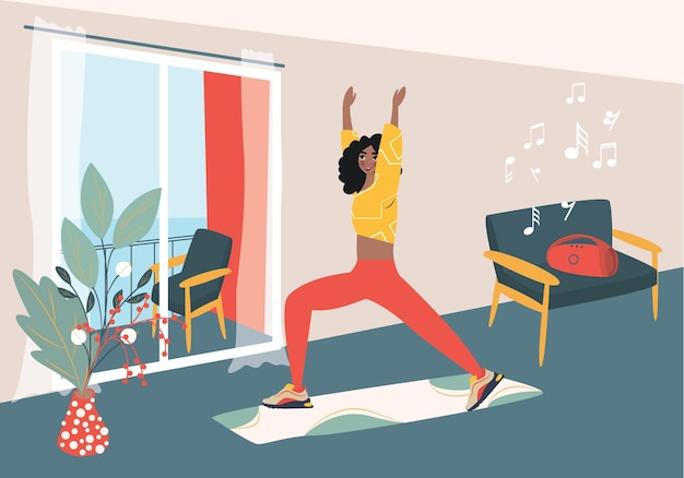 Vettore donna che pratica yoga a casa concetto illustrazione