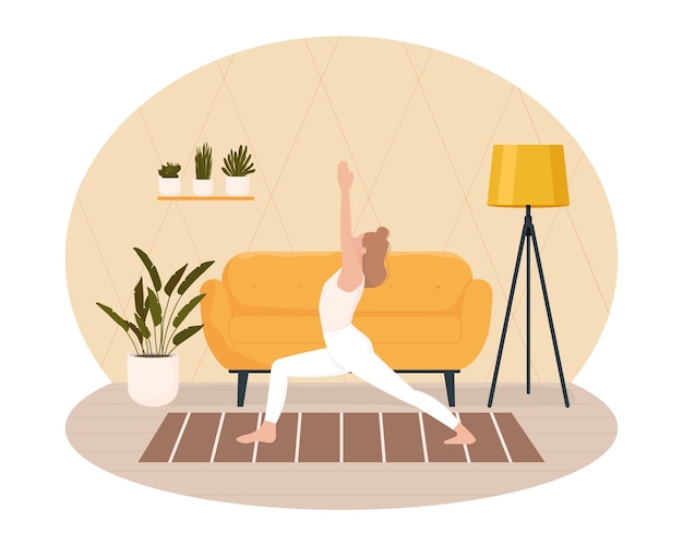 Vector a woman practicing yoga at home illustration