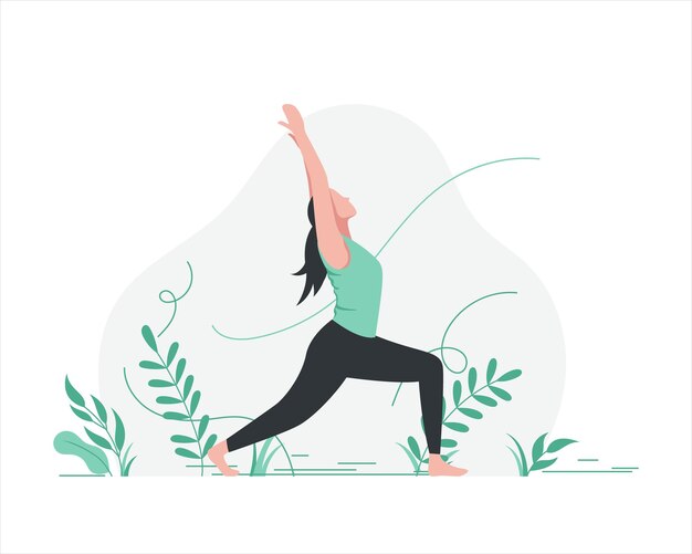 Woman practicing yoga in nature Young female character in warrior pose with green plants in background Flat vector illustration for wellness meditation and healthy lifestyle concepts