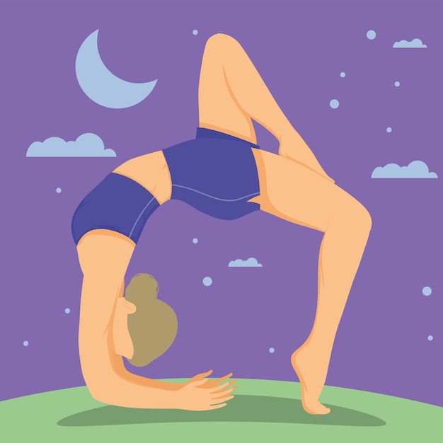 Woman practicing yoga at night