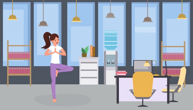 Woman practicing yoga in office