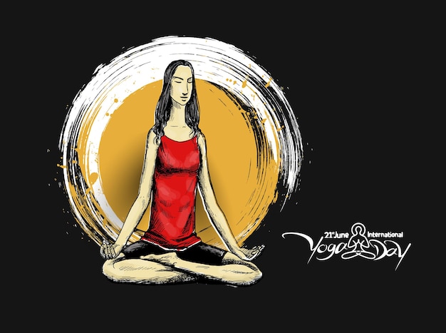 Donna che pratica posa yoga, 21 giugno giornata internazionale dello yoga, disegno vettoriale schizzo a mano.