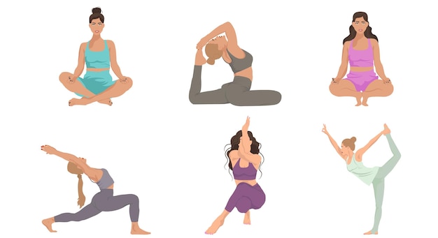 Donna che pratica yoga, insieme di diverse pose. uno stile di vita sano. illustrazione in stile piatto.