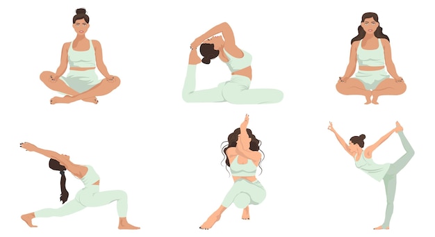Vettore donna che pratica yoga, insieme di diverse pose. uno stile di vita sano. illustrazione in stile piatto.