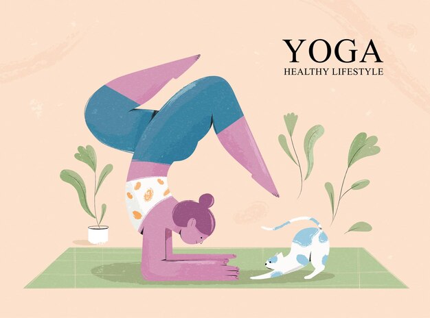 Vector woman practicing yoga with cat