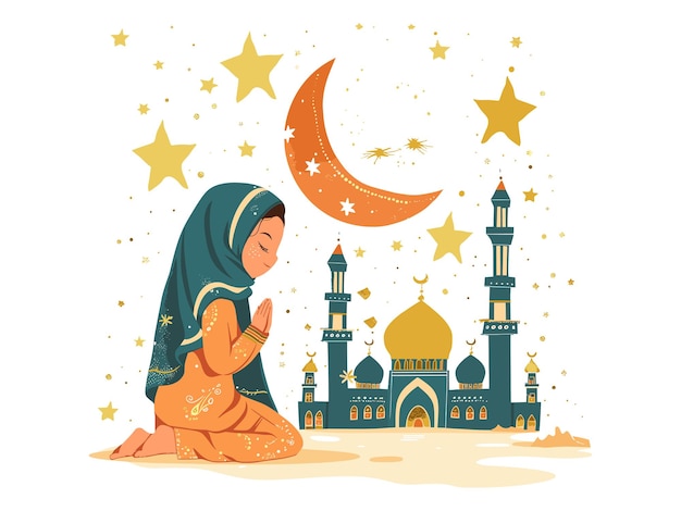 Woman praying Ramadan Kareem festive illustration stars mosque moon