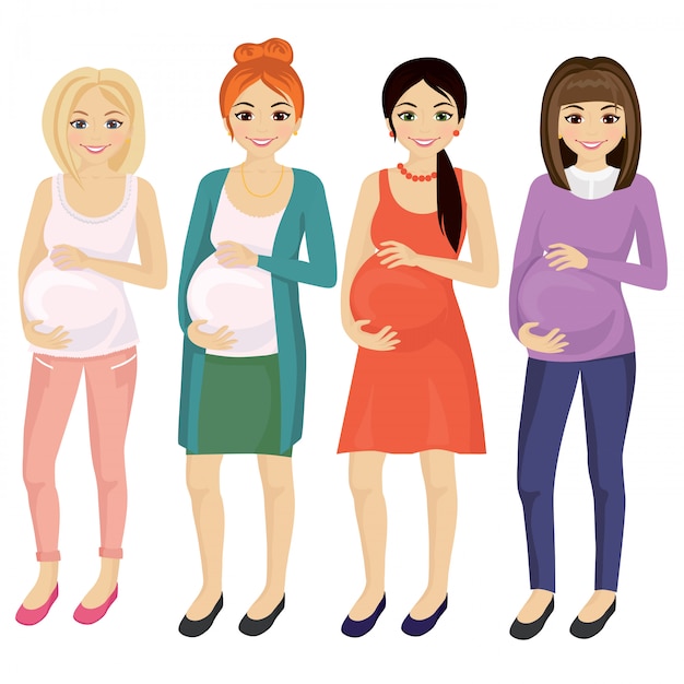 Woman pregnant standing in different clothes and hair styles, touching her belly, smiling. happy pregnant woman set on white background in flat style.