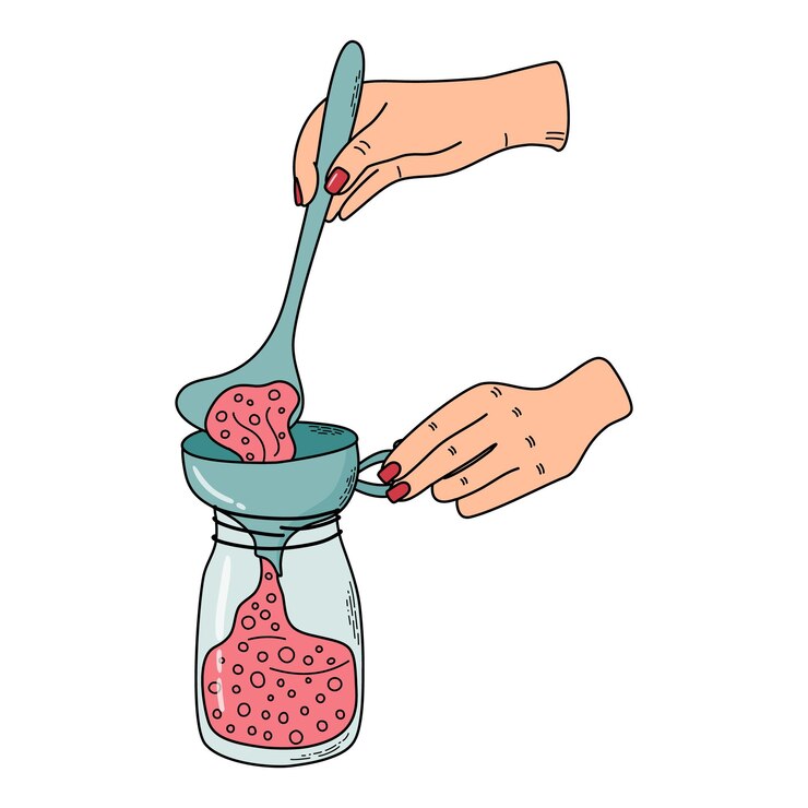 Vector woman prepares jam female character is filling jar with spoon and funnel canning process