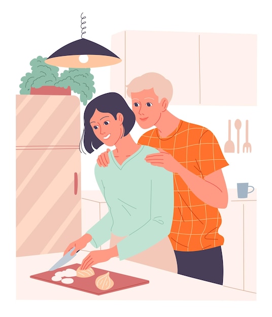 Woman prepares a meal a loving man embraces her from behind