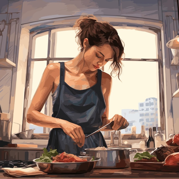 Vettore donna che prepara il cibo nella sua cucina in stile di illustrazione ad acquerello