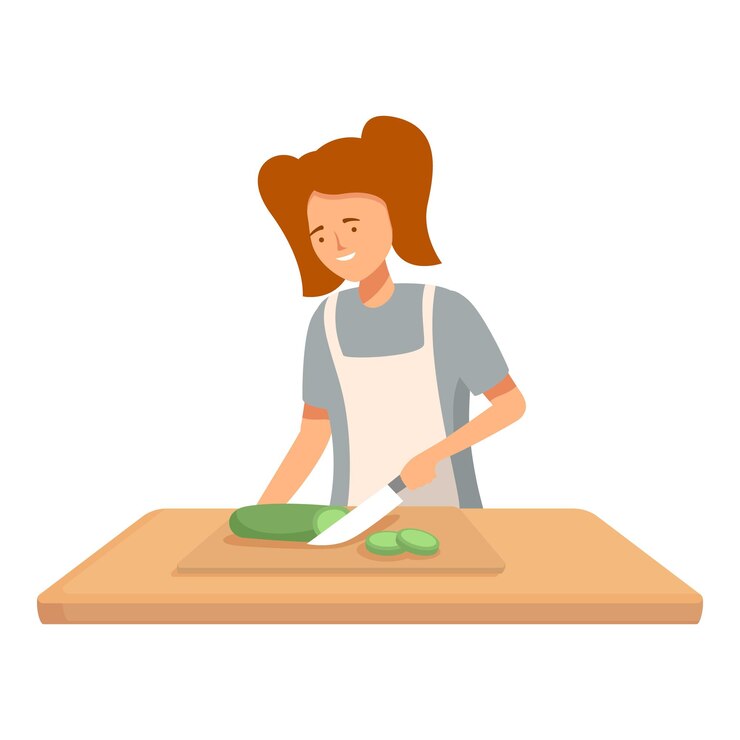 Vector woman preparing fresh cucumber in kitchen scene