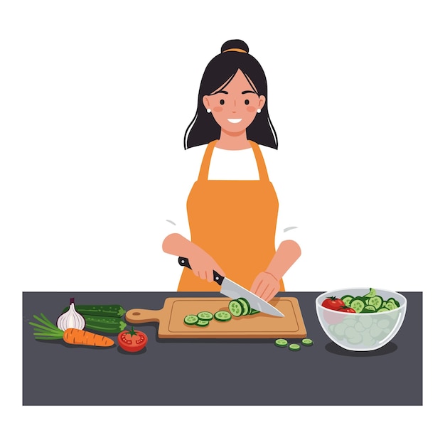 woman preparing fresh vegetables in a detailed flat vector illustration
