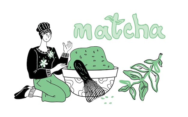 Woman preparing matcha tea cartoon vector illustration