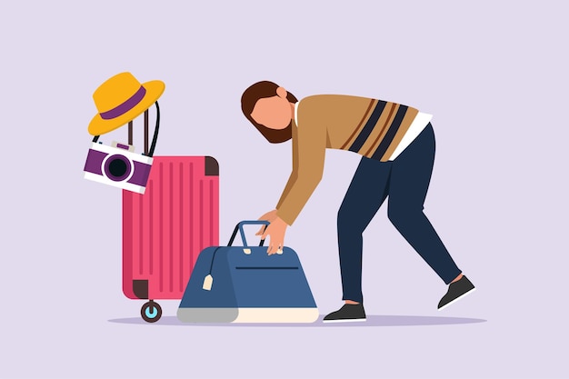 Vector woman preparing things to go traveling traveling with bag or suitcase concept colored flat vector