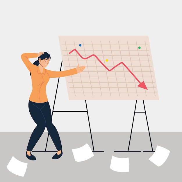 Vector woman at presentation standing in front of decreasing chart, financial crisis illustration design