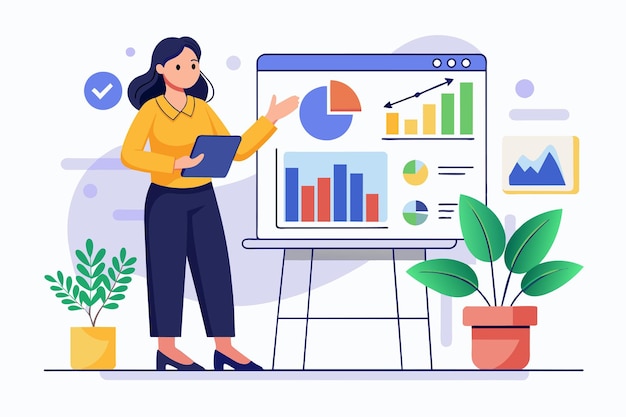 Woman Presenting Data Analysis in Front of Graphs on Whiteboard a woman is presenting analyzing statistics deadlines Simple and minimalist flat Vector Illustration