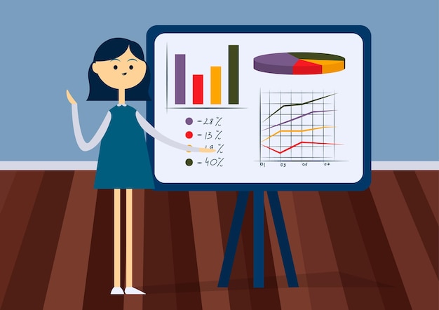 Vector woman presenting on flipchart in office. front view. colorful cartoon vector illustration