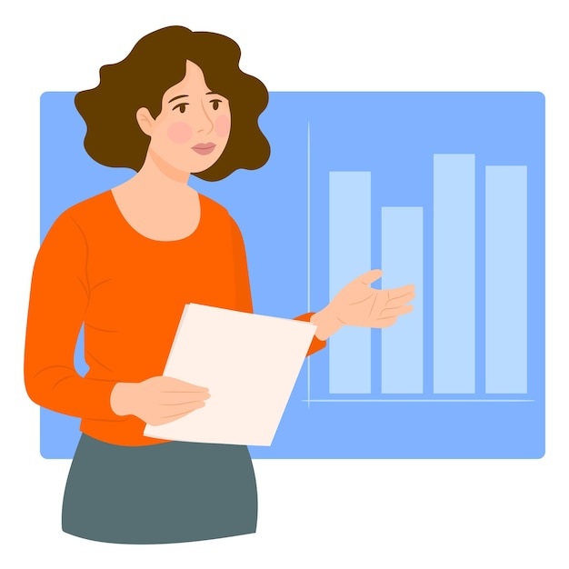 Vector woman presenting graph and chart on board in the meeting